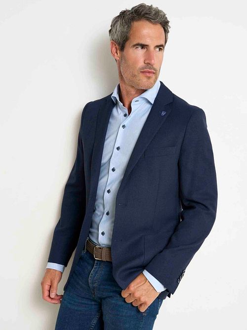 R2 Knitted Travel Shirt Herringbone Light Blue Model / Voorkant