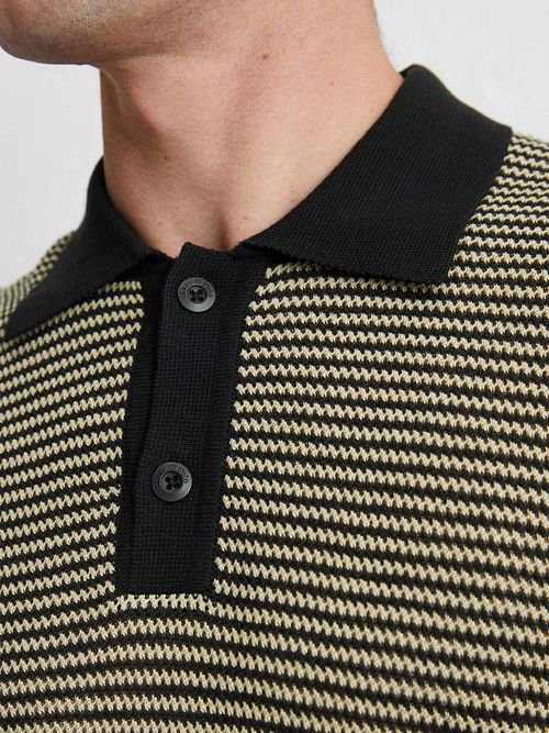Marc O'Polo Knitted Poloshirt Strepen Zwart Beige Model / Detail