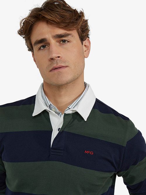 McGregor Rugbyshirt Stribet Navy Olive Model / Detail