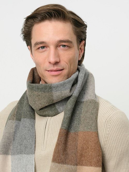 Profuomo Scarf Wool Checks Brown Grey Beige Model / Detail