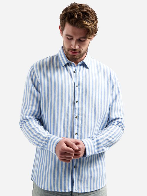 No Excess Shirt Cotton Linen Stripes Blue Model / Voorkant