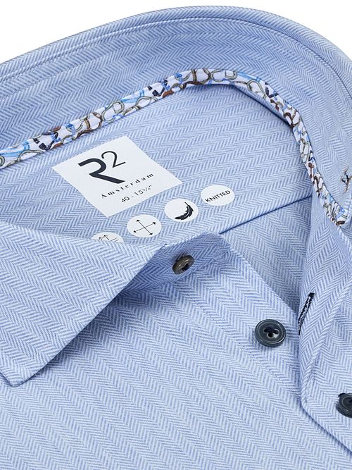 R2 Knitted Travel Overhemd Herringbone Lichtblauw Product / Detail