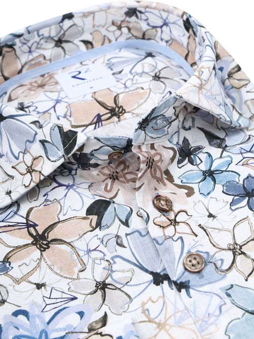 R2 Overhemd Linnen Blend Flowers Blauw Beige Product / Detail
