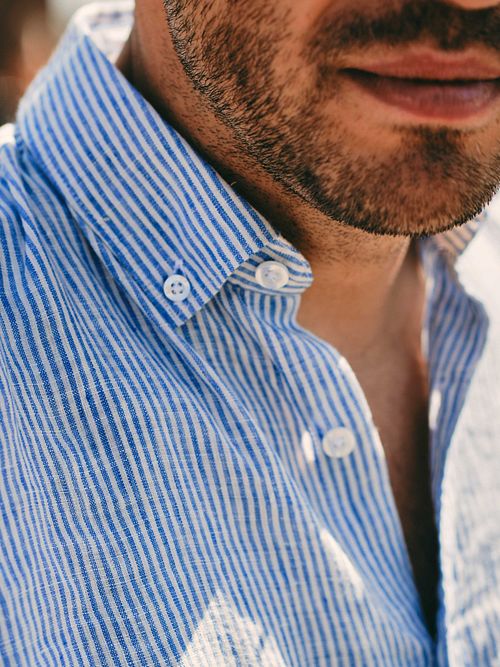 Steppin' Out Overhemd Linnen Streep Lichtblauw Model / Detail