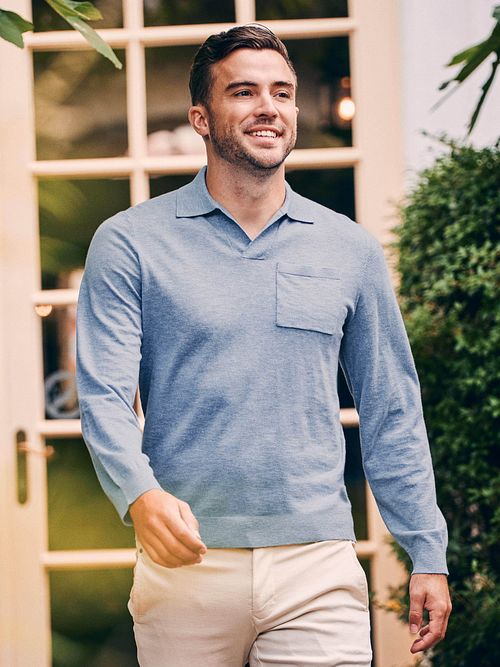 Suitable Longsleeve Knitted Polo Shirt Riva Pocket Light Blue Model / Sfeerbeeld