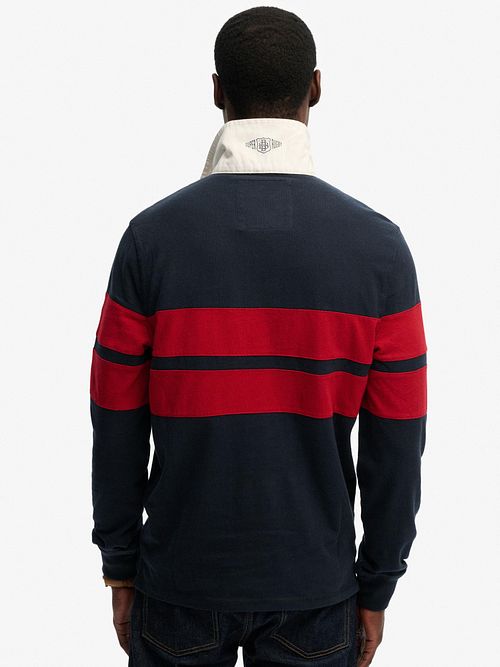Polo de rugby Superdry Vintage à rayures bleu marine/rouge Model / Achterkant