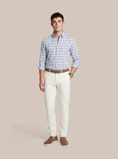 Camicia Steppin' Out in lino e cotone a quadri blu e sabbia Model / Voorkant