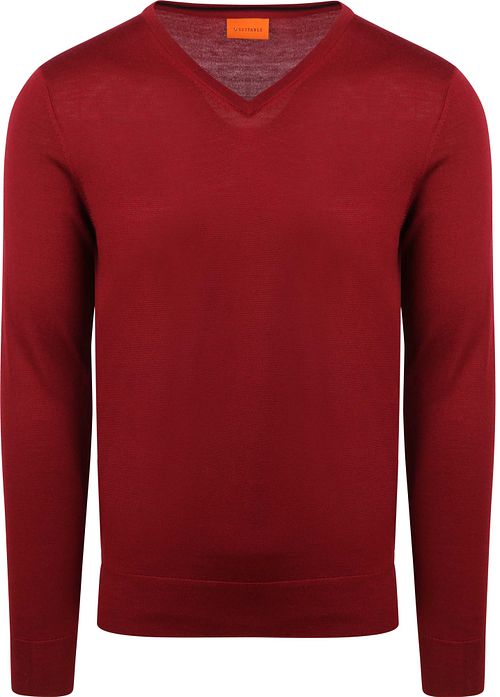 Sweter Suitable z wełny merino, dekolt w serek, bordowy Product
