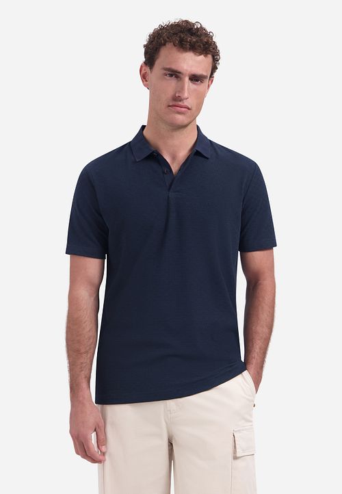 No Excess Stickad Poloshirt Structure Marinblå Model / Voorkant