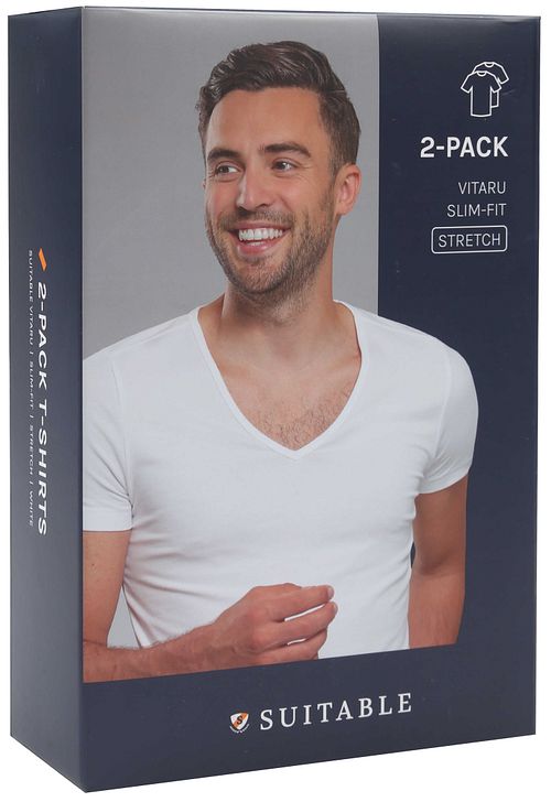 Suitable T-Shirt bianca con scollo a V profondo Vitaru Stretch (confezione da 4) Verpakking