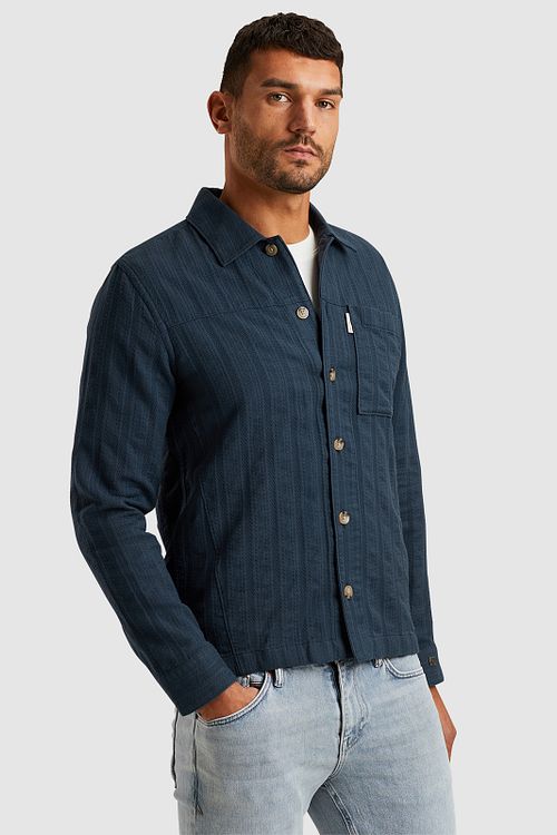 Cast Iron Overshirt Dobby Stripe Navy Model / Zijkant