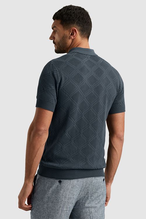 Cast Iron Knitted Half Zip Polo Shirt Structure Blue Model / Achterkant