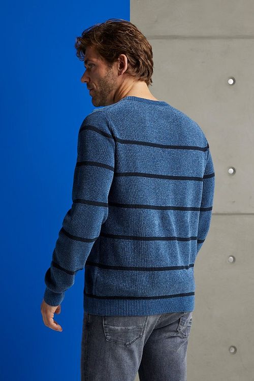 Cast Iron Pullover Gestreift Dunkelblau Model / Achterkant