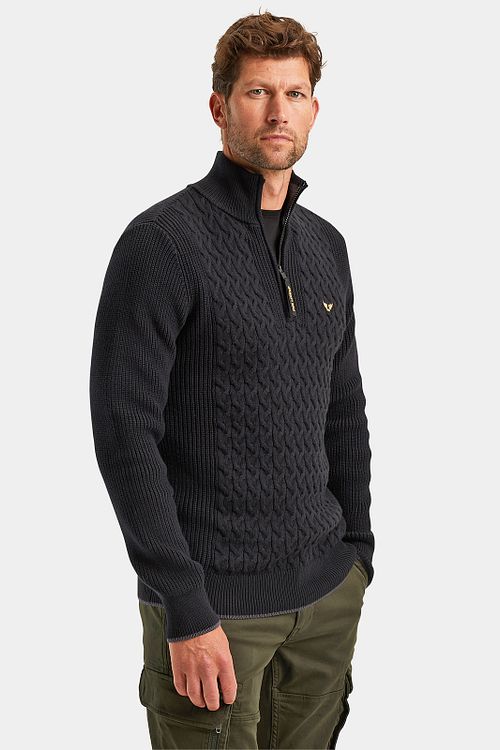 PME Legend Pull Knitted Half Zip Cable Noir Model / Zijkant
