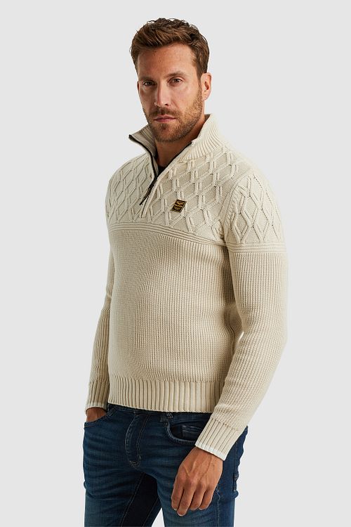 PME Legend Knitted Half Zip Trui Ecru Model / Zijkant