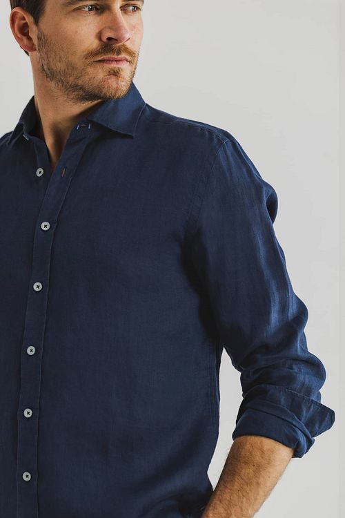 State Of Art Overhemd Linnen Navy Model / Detail