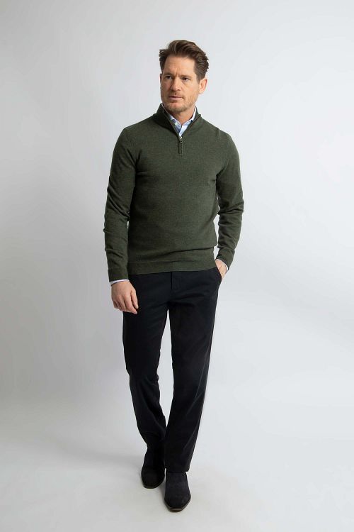 Steppin' Out sweter z krótkim zamkiem (Half Zip) z wełny merino, oliwkowozielony Model / Voorkant