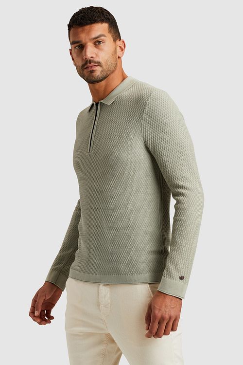 Cast Iron Polo a maniche lunghe con mezza zip testurizzato verde chiaro Model / Zijkant