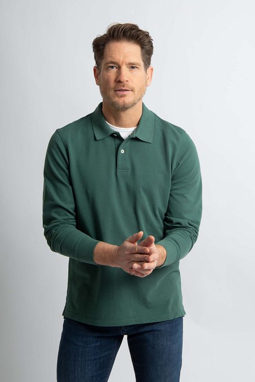 Steppin' Out longsleeve polo z piqué, klasyczne, ciemnozielone Model / Voorkant