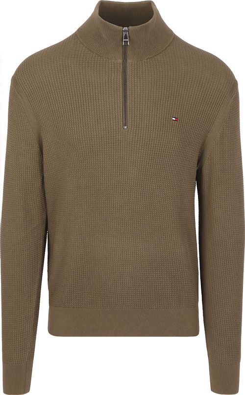 Tommy Hilfiger sweter z warkoczowym splotem z krótkim zamkiem, oliwkowy Product