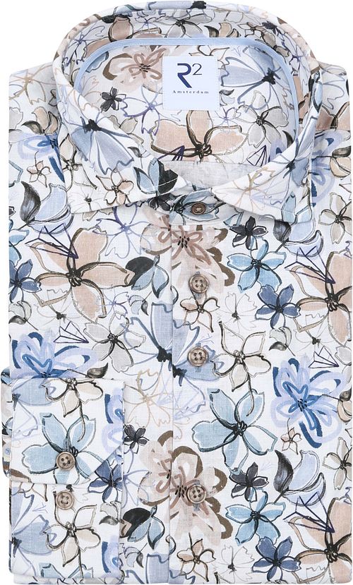 R2 Overhemd Linen Blend Flowers Blue Beige Product