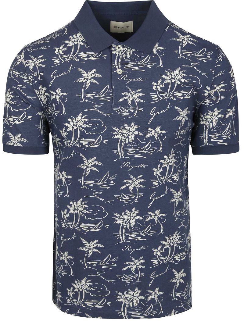 Gant Poloshirt mit Palm-Print Dusty Navy - Größe XXL