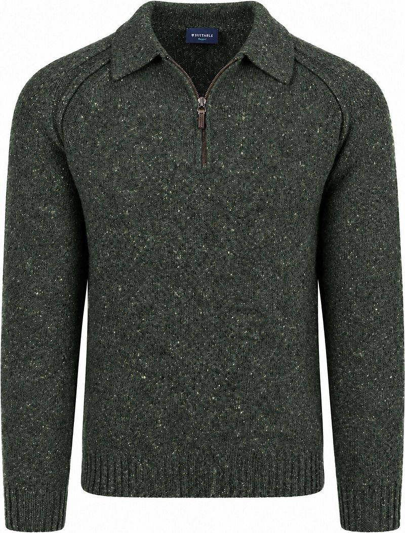 Suitable Polo Zip Pull Tweed Donkergroen