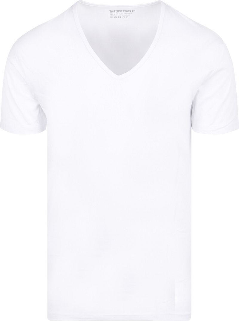 Garage Stretch Basic T-Shirt Weiss Tiefer V-Hals - Größe L