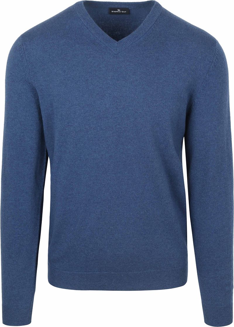 Steppin' Out Pullover V-Ausschnitt Merinowolle Mittelblau - Größe M