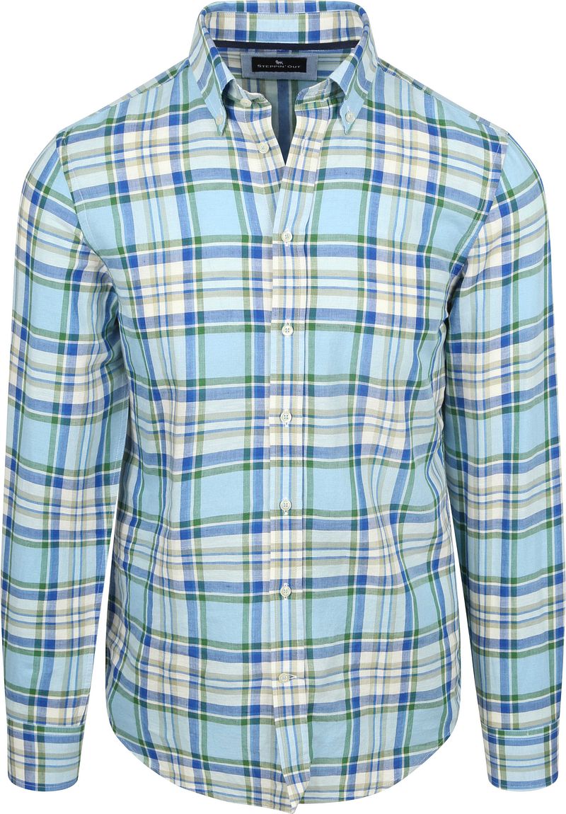 Steppin' Out Overhemd Linen Cotton Checks Blauw Groen
