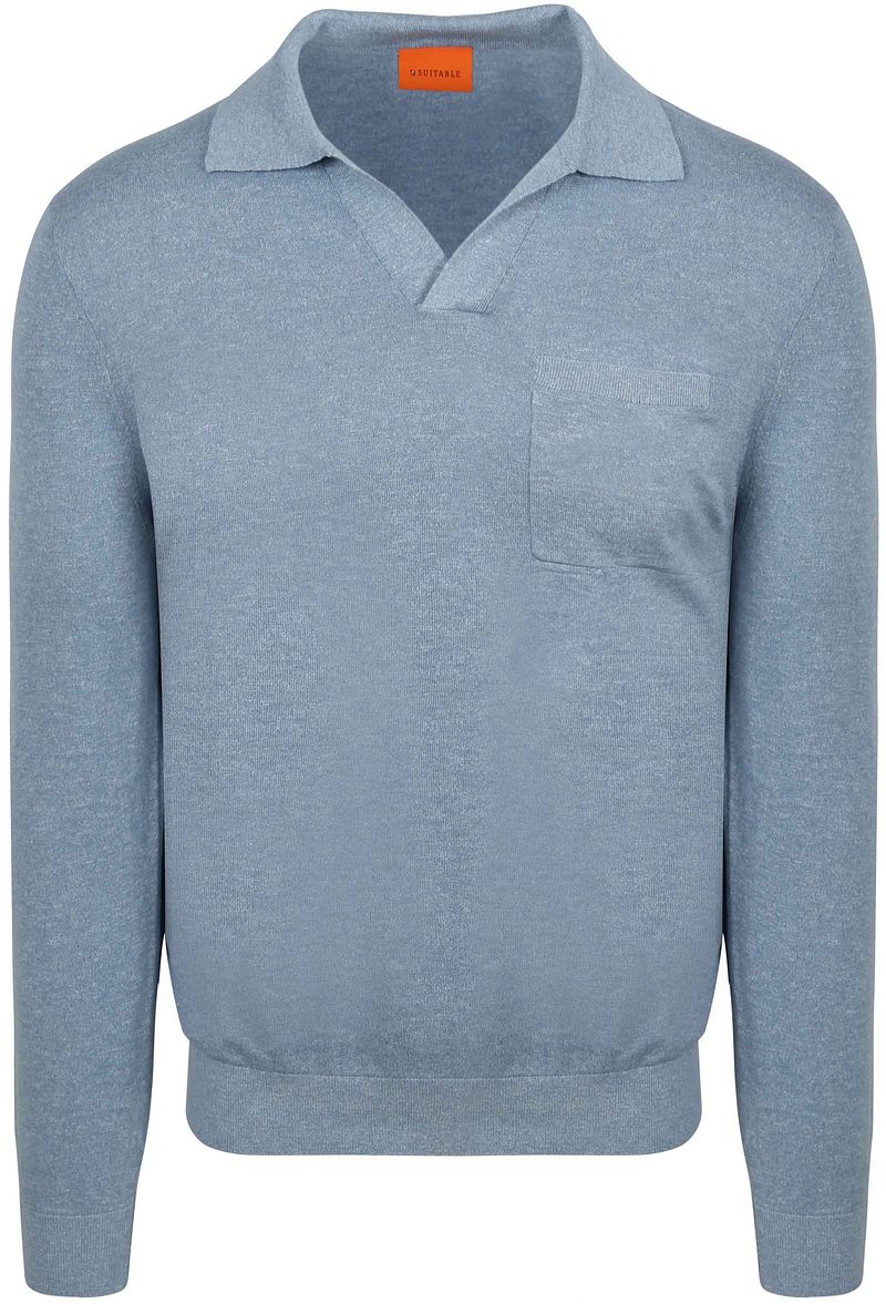 Suitable Longsleeve Knitted Poloshirt Riva Pocket Lichtblauw