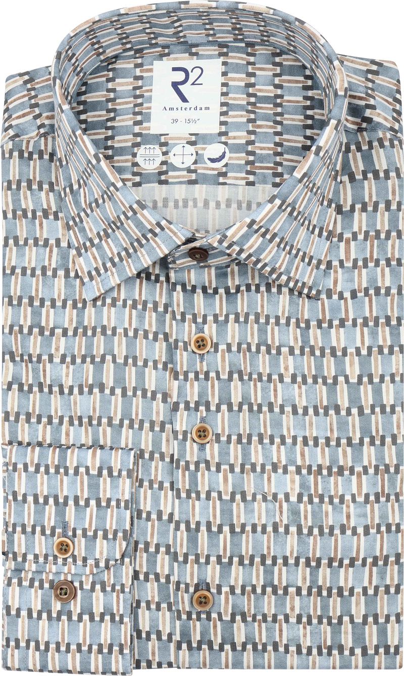 R2 Amsterdam R2 Poplin Overhemd Poplin Retro Print Blauw