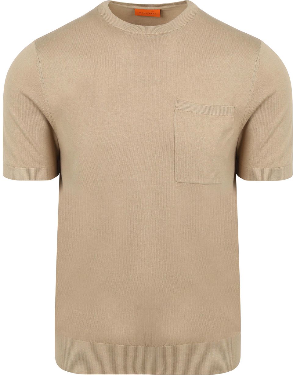 Stickad T-shirt Ficka Kompakt Beige Taupe